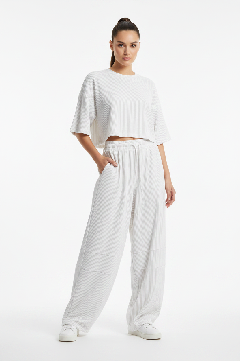 Women Vertical Stripe Barrel Pants with Drawstring Detail - ACE
