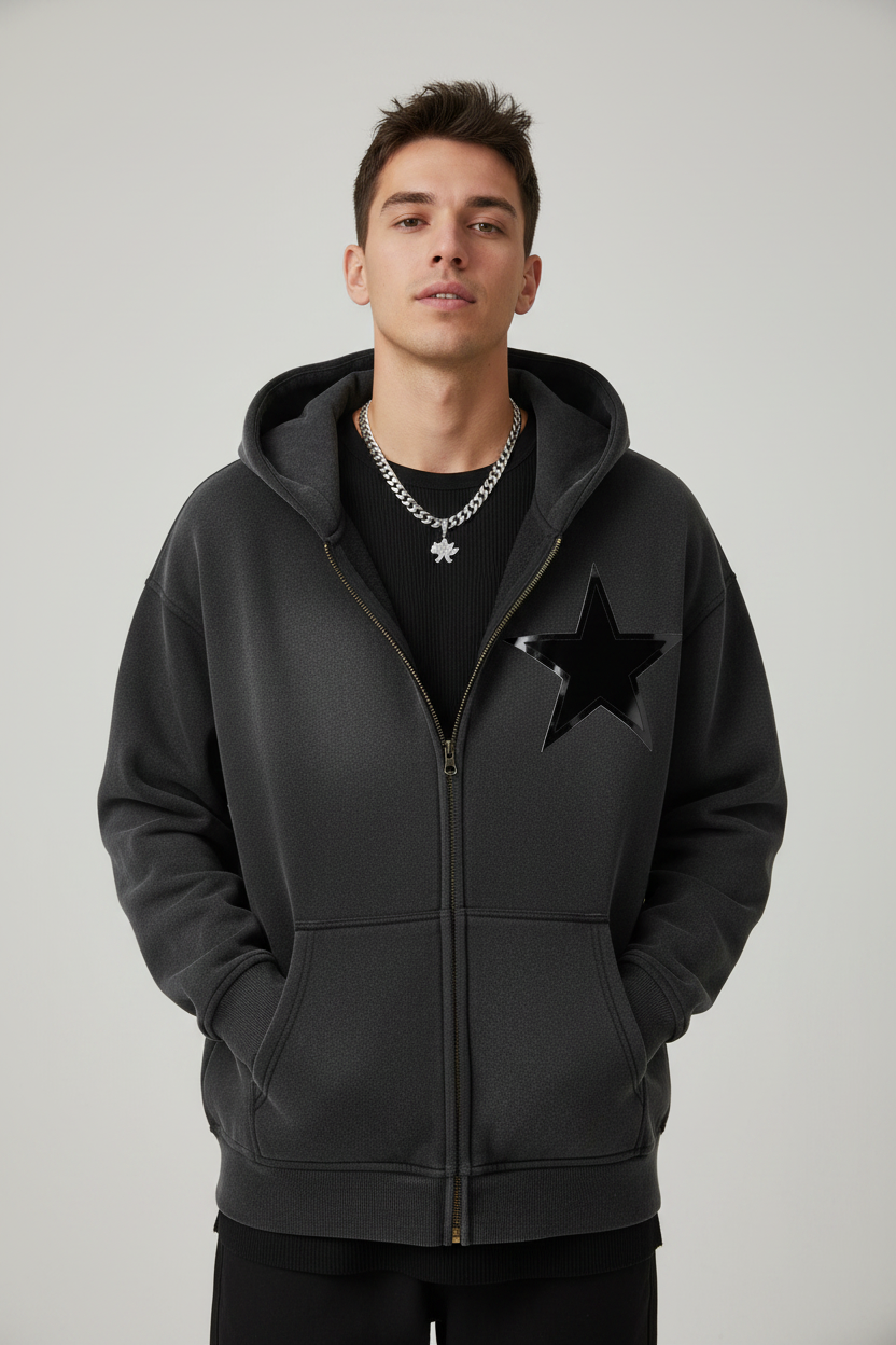 Men Sunfade Fleece Hoodie - Two-way Zipper Boxy Design - ACE