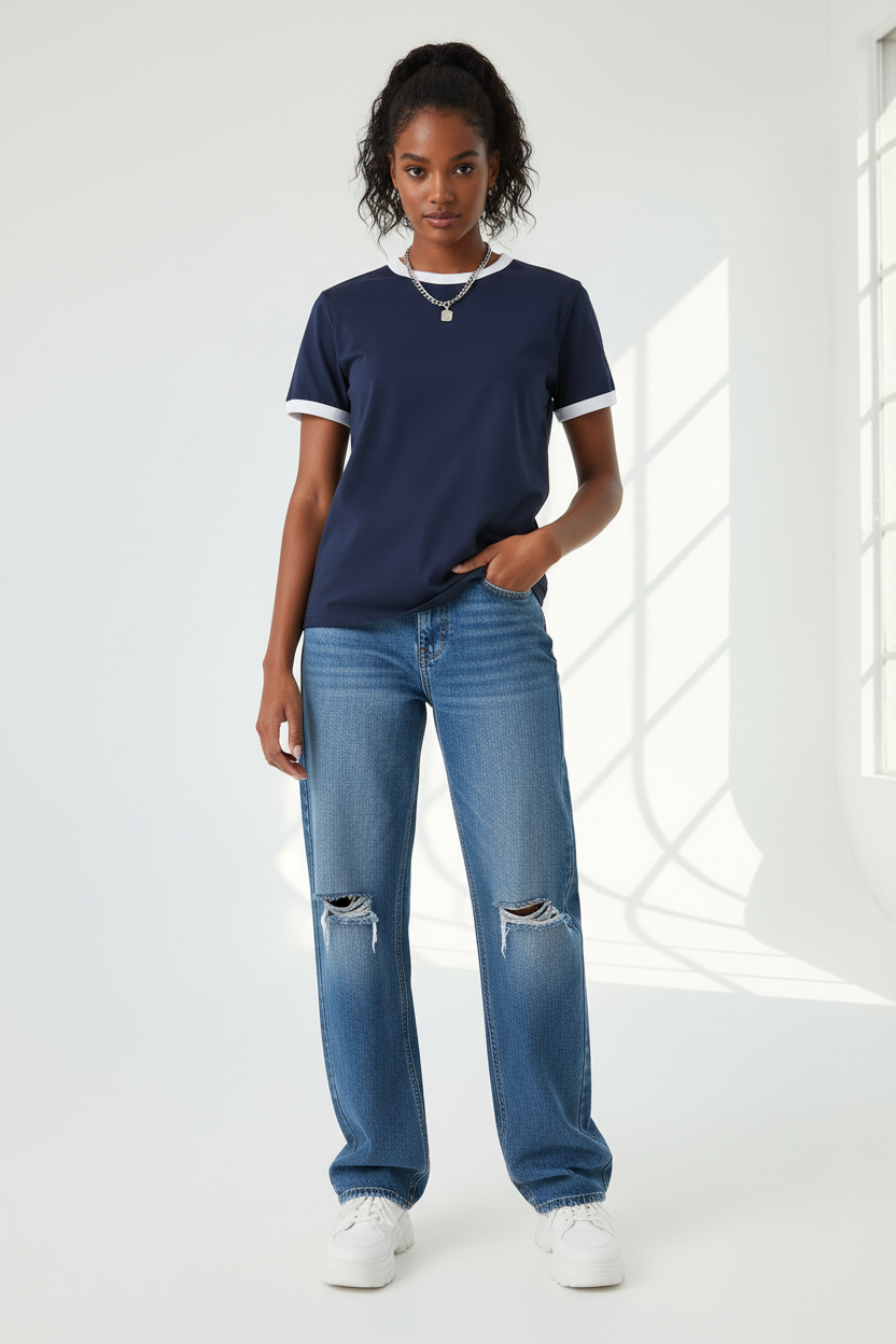 Women Contrast Edge Ribbed T-Shirt - ACE
