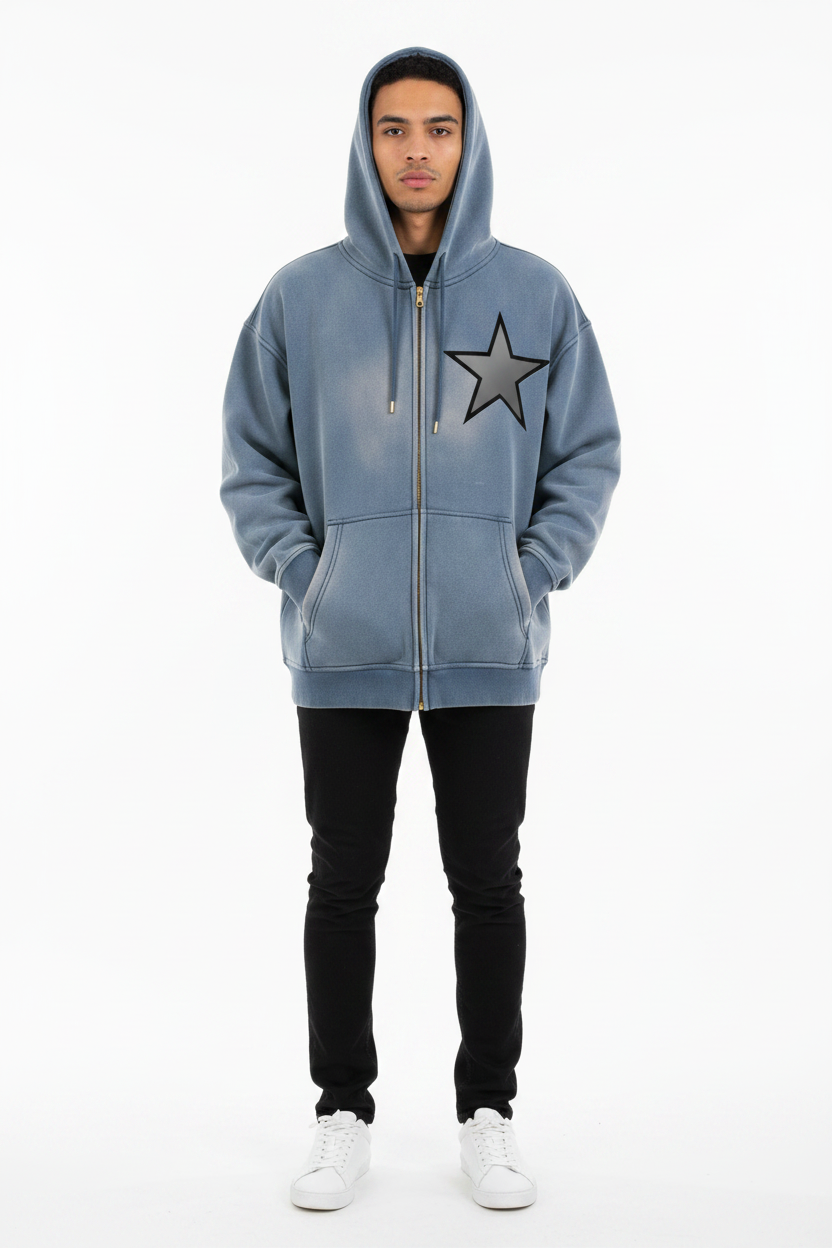 Men Sunfade Fleece Hoodie - Two-way Zipper Boxy Design - ACE