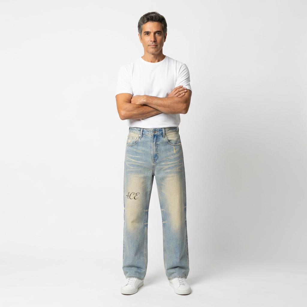 Men Sun Fade Raw Hem Denim Jeans