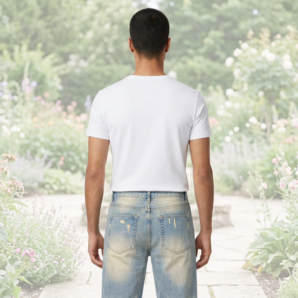 Men Sun Fade Raw Hem Denim Jeans